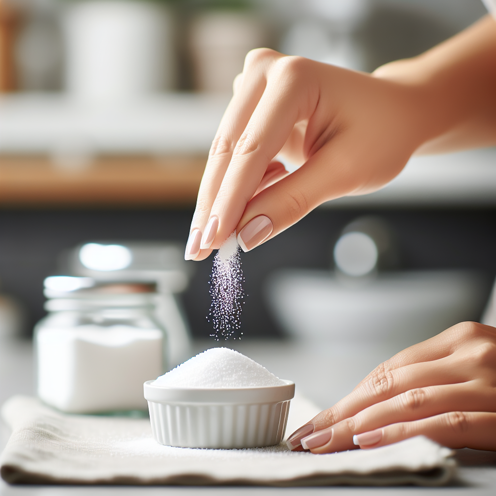 A close-up photo of a hand gently sprinkling white powder (representing baking soda) over a symbolic area like a small, discreet container or a patch of fabric, subtly hinting at neutralizing bad odors. The background is a softly blurred, clean home interior. Bright, natural lighting, emphasizing the simple, effective action.