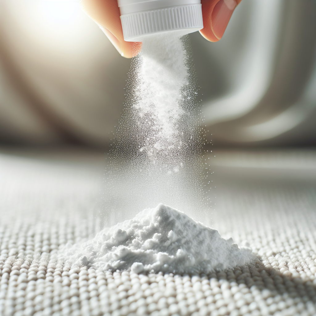 A dynamic close-up shot of white baking soda powder gently falling and spreading onto a clean, light-colored fabric surface, like a carpet or upholstery. The focus is on the action of odor neutralization, conveying effectiveness and natural purity. Bright, clean lighting. Subtle motion blur on the falling powder to indicate movement. The background is softly blurred to emphasize the texture and action on the fabric.