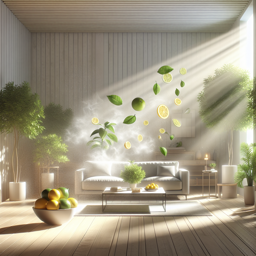 A bright, minimalist living room bathed in soft natural sunlight. The air appears visibly clean and fresh, with a subtle, artistic representation of an unpleasant odor (like cooking steam or pet smell) gently dissipating into the clear light. A prominent bowl of fresh lemons or a vibrant green plant sits on a table, symbolizing ultimate freshness and cleanliness after odor removal. The overall mood is serene, inviting, and emphasizes a newly refreshed home.