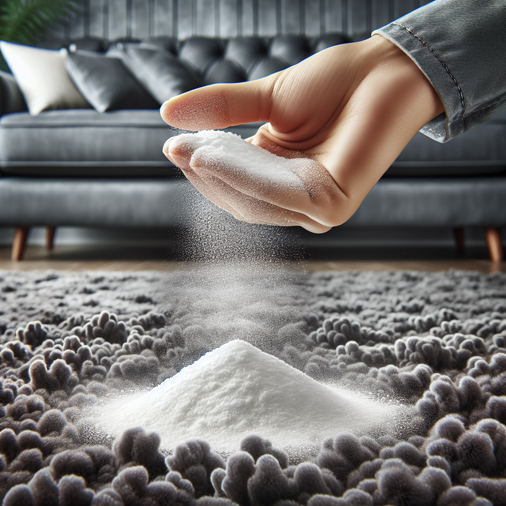 A close-up shot focusing on a hand gently sprinkling fine white baking soda powder onto a textured dark gray carpet or upholstered couch. The baking soda crystals are clearly visible. Around the area where the powder lands, abstract, dark, wispy 'odor molecules' are visually dissolving and fading away, creating a dynamic effect of neutralization and absorption. The background is a softly blurred, cozy home interior, highlighting the practical application of this effective tip.