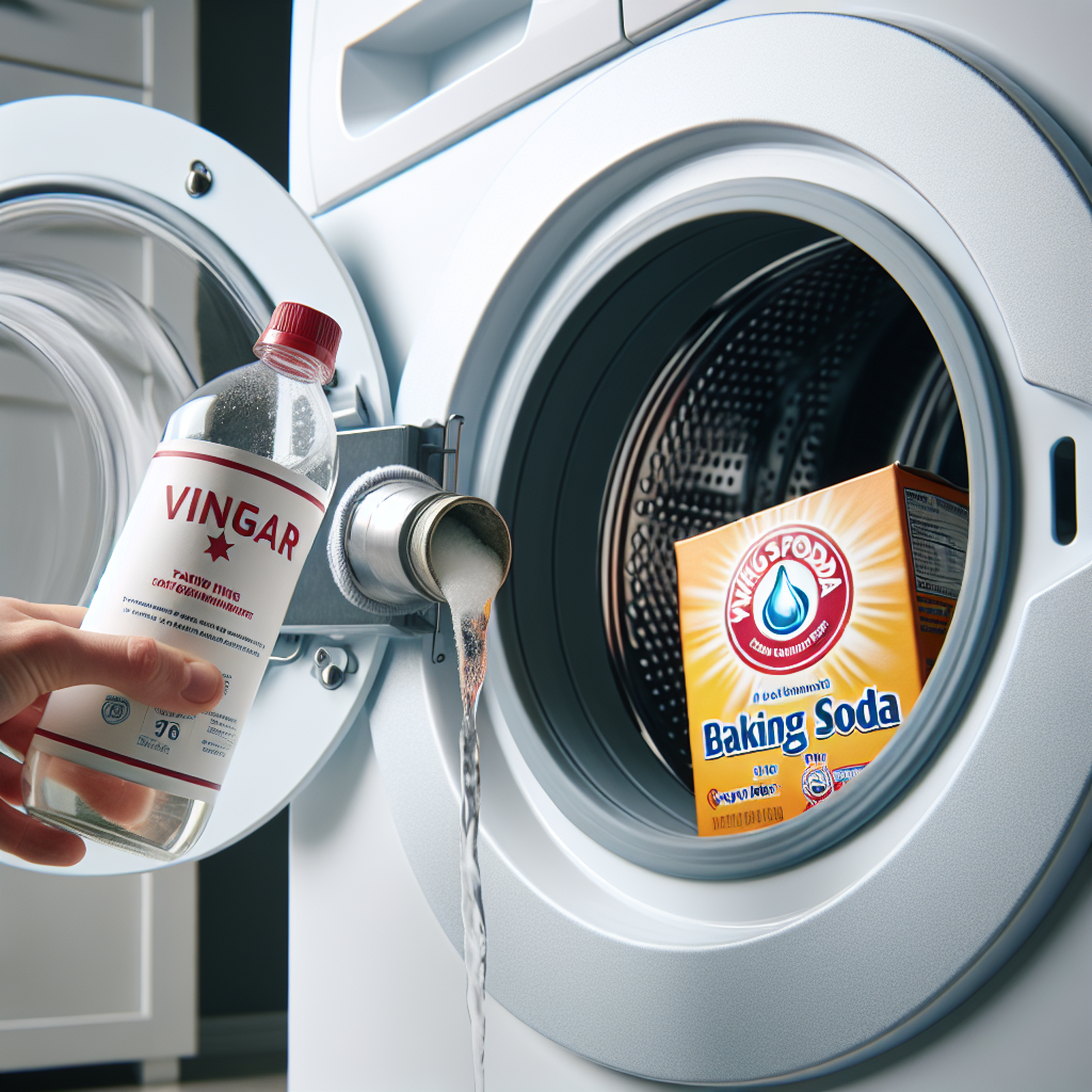 Eine Nahaufnahme einer Waschmaschine, bei der eine Hand Essig aus einer Flasche in das Weichspülerfach gießt. Daneben steht eine offene Packung Natron. Der Hintergrund ist ein sauberes, modernes Badezimmer oder ein Hauswirtschaftsraum. Die Szene ist hell beleuchtet und vermittelt ein Gefühl von praktischen, effektiven Haushaltslösungen.