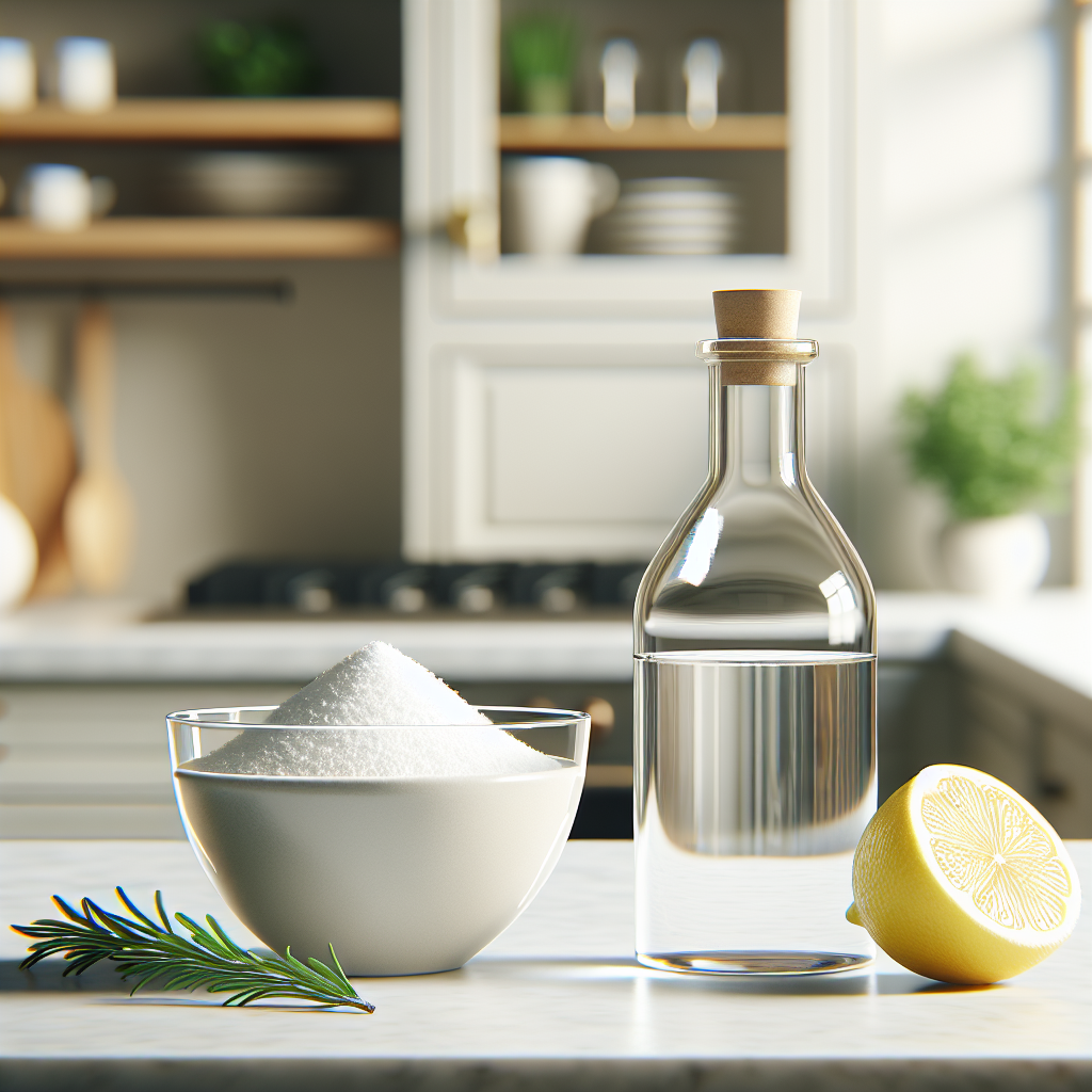 A close-up, high-detail shot on a minimalist kitchen counter. A clear glass bowl filled with white baking soda sits prominently next to a small, elegant glass carafe of white vinegar. A few vibrant green lemon slices and a sprig of fresh rosemary are artfully placed beside them, emphasizing natural freshness. The background is a softly blurred modern kitchen, clean and bright. Professional product photography style.