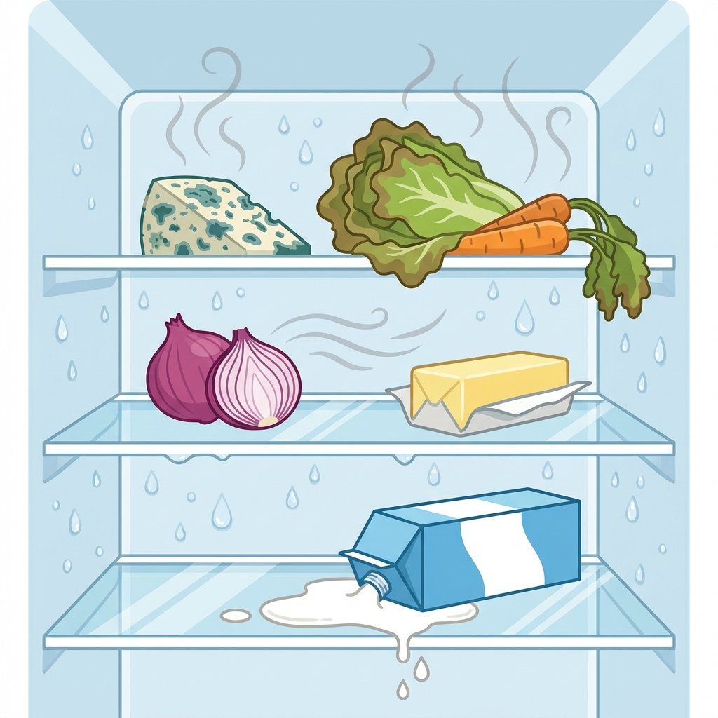 A flat illustration depicting the common causes of refrigerator odors. The scene shows the interior of a fridge with multiple shelves. On one shelf, a piece of moldy cheese and wilting vegetables are visible, emitting subtle grey, wavy lines representing bad smells. Below, a carton of milk has spilled, creating a small puddle. Water droplets and condensation are present on the back wall. An unsealed onion sits next to a block of butter, subtly suggesting odor transfer. Stylistically clean lines, vibrant colors, and a slightly exaggerated representation of odors.