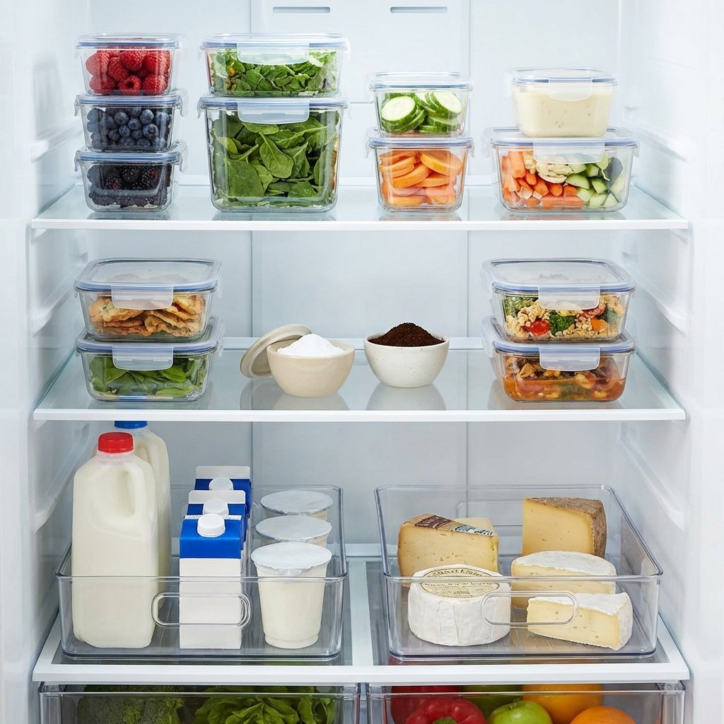 A professional photo of a pristine, well-organized refrigerator interior, radiating freshness. Shelves are neatly arranged with fresh, vibrant fruits and vegetables in transparent containers, sealed leftovers, and well-packaged dairy. A small, open container of baking soda and a bowl of fresh coffee grounds are subtly placed on a shelf to suggest odor neutralization. The lighting is bright and clean, emphasizing a sparkling, hygienic environment. The overall impression is one of immaculate freshness and effective odor control, with no visible grime or mess.