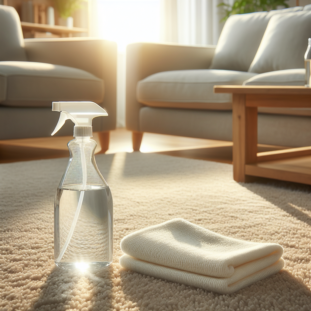 A cozy, sunlit living room with a freshly cleaned, inviting carpet as the central focus. The carpet is a light, neutral color, reflecting warmth and cleanliness. A clear glass spray bottle filled with a water-vinegar solution and a clean white cloth are placed neatly on a wooden coffee table in the foreground, slightly out of focus, implying homemade cleaning. The overall mood is serene, fresh, and welcoming. Realistic, bright photography.