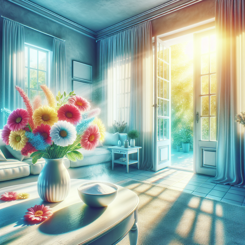 A bright, airy living room bathed in soft sunlight, with an open window letting in a gentle breeze. The room is impeccably clean and organized, evoking a sense of freshness and calm. Subtle elements like a vase of fresh flowers on a table and a small, decorative bowl of baking soda hint at the theme of odor elimination and a pleasant home environment.