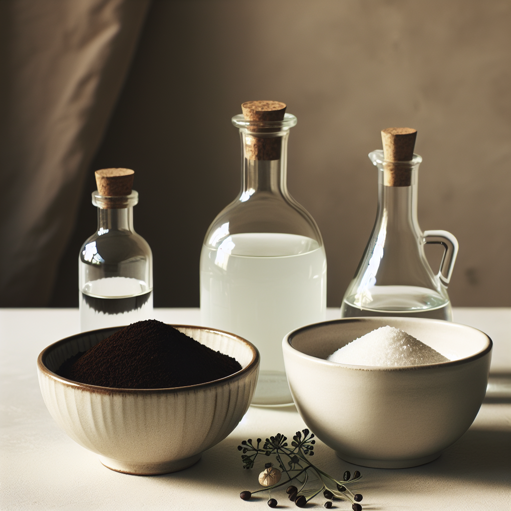A close-up still life composition on a minimalist kitchen counter, featuring natural odor neutralizers. A small, elegant ceramic bowl filled with fresh ground coffee, a clear glass bottle of vinegar, and a pristine white bowl of baking soda are artfully arranged. The background is softly blurred, focusing on these simple yet effective home remedies, suggesting cleanliness and natural solutions.