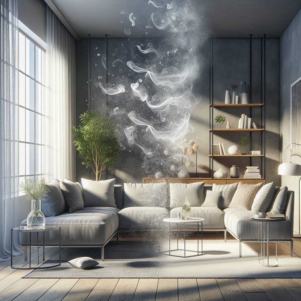 A cozy, modern living room. On one side, subtle, translucent grey wisps representing 'bad odors' are visibly dissipating. On the other side, the air is clear, bright, and sparkling with a feeling of freshness, symbolized by gentle, shimmering light particles. An open window in the background allows a soft breeze, hinting at natural ventilation. The overall image conveys a sense of transformation from stuffy to clean and inviting. High detail, photorealistic.