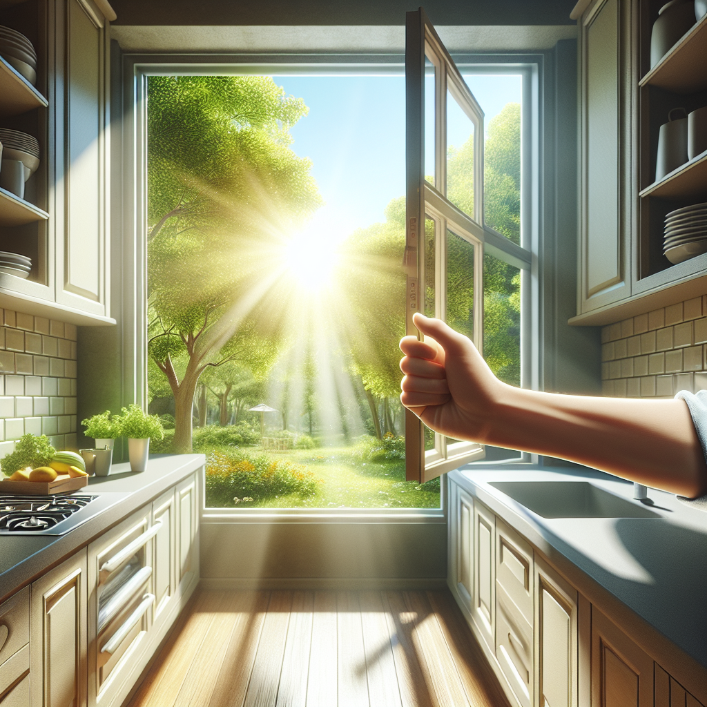 A clean and bright kitchen, with a hand opening a large window wide. Abundant natural sunlight streams in, illuminating the space and revealing a vibrant green outdoor view. The air inside the kitchen looks visibly fresh and invigorating, with no signs of lingering cooking smells. The scene emphasizes cleanliness, natural light, and the refreshing effect of ventilation. Photorealistic, warm tones, inviting atmosphere.