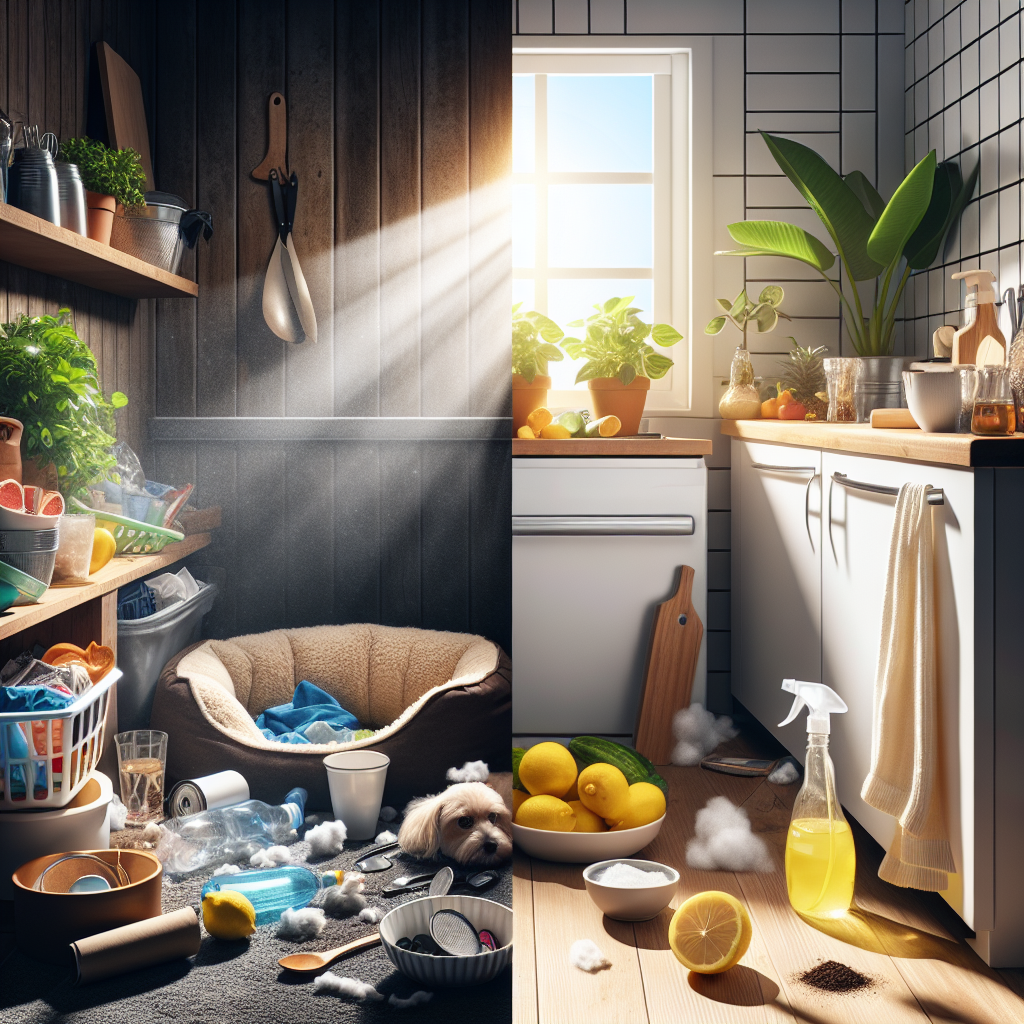 A vibrant, split-scene image. On the left, a dimly lit, slightly cluttered household corner with subtle visual cues of unpleasant odors like stale air, a messy pet bed, or a full kitchen bin, emanating faint, unappealing wisps. On the right, the same corner is bathed in bright, natural light, perfectly clean and fresh, with various natural remedies visibly present: a small ceramic bowl of baking soda, a half-cut lemon on a counter, a clear spray bottle with vinegar solution, and a small dish of coffee beans, radiating an aura of cleanliness and pleasant aroma. High contrast, realistic, inviting atmosphere.