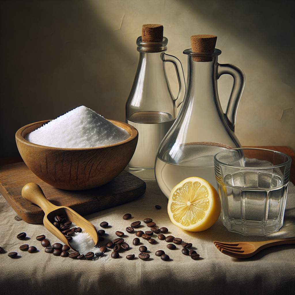 A beautifully composed still life featuring the essential home remedies for odor neutralization: a rustic wooden bowl generously filled with white baking soda, a sleek glass bottle of clear vinegar, a vibrant yellow lemon cut in half, and a handful of dark, fragrant coffee beans arranged artfully on a linen cloth. These items are positioned on a clean, light-colored kitchen counter or a warm wooden table, illuminated by soft, natural daylight, emphasizing their organic textures and fresh qualities. Focus on detail, natural aesthetic, and a sense of simplicity and effectiveness.