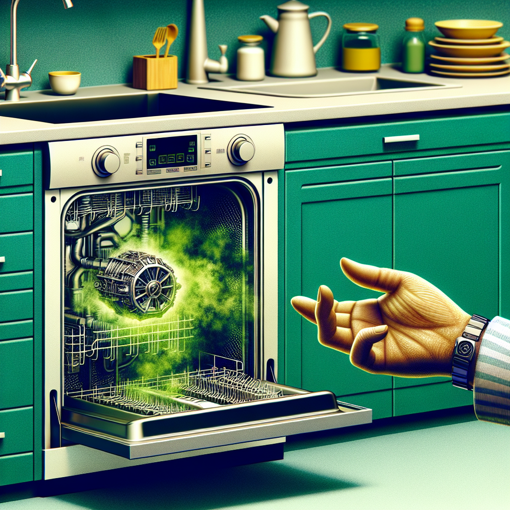 A modern dishwasher, slightly ajar, with a subtle, unpleasant, green-brown waft of odor visibly emanating from inside. A person's hand is gently recoiling from the smell in a clean kitchen setting. Realistic, slightly stylized to show odor.
