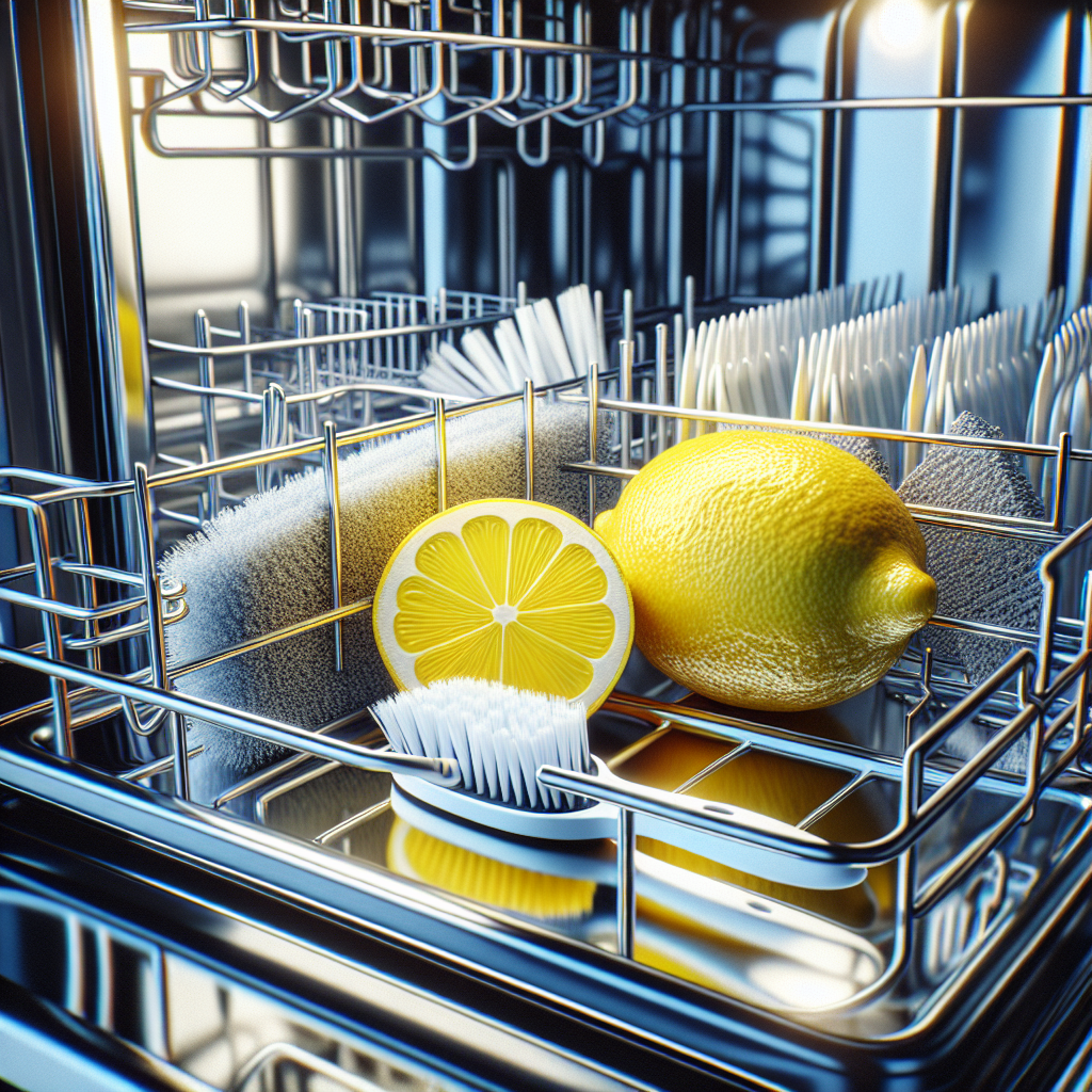The sparkling clean interior of a modern dishwasher, gleaming with chrome and white surfaces. A vibrant lemon half and a small, fresh scrubbing brush are placed neatly inside, emphasizing cleanliness and a fresh scent. Bright, inviting lighting, high detail.