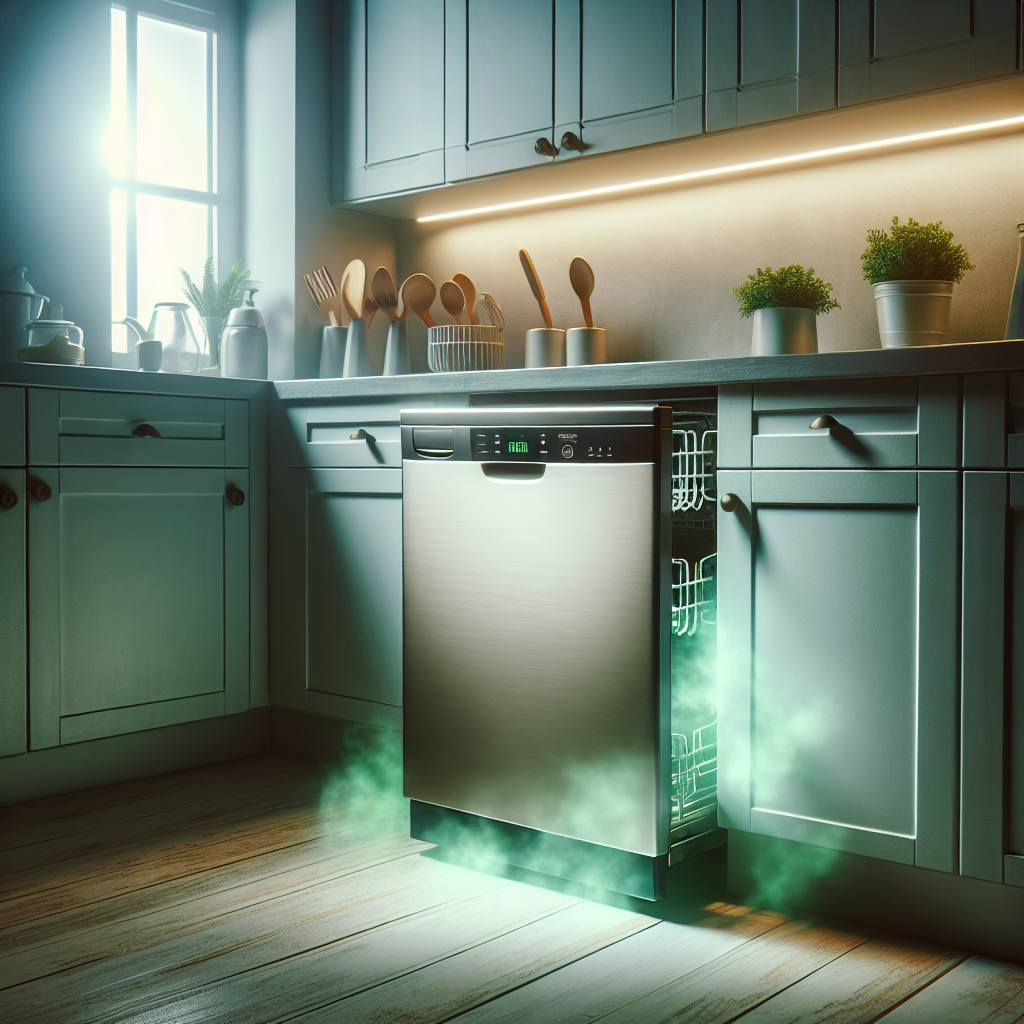 A modern kitchen with a closed dishwasher, subtly emitting a faint, unpleasant greenish mist or hazy particles from its vents, indicating a bad odor. The scene has a slightly muted, problematic atmosphere.