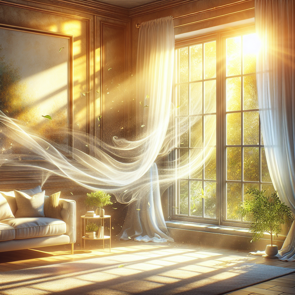 A cozy, sunlit living room with a large window thrown wide open, allowing a gentle breeze to rustle sheer curtains. Beams of natural sunlight illuminate dust-free surfaces. Subtle visual elements like transparent air currents or floating fresh green leaves signify a perfectly clean, naturally fresh-smelling environment. Focus on warmth, airiness, and a sense of calm.
