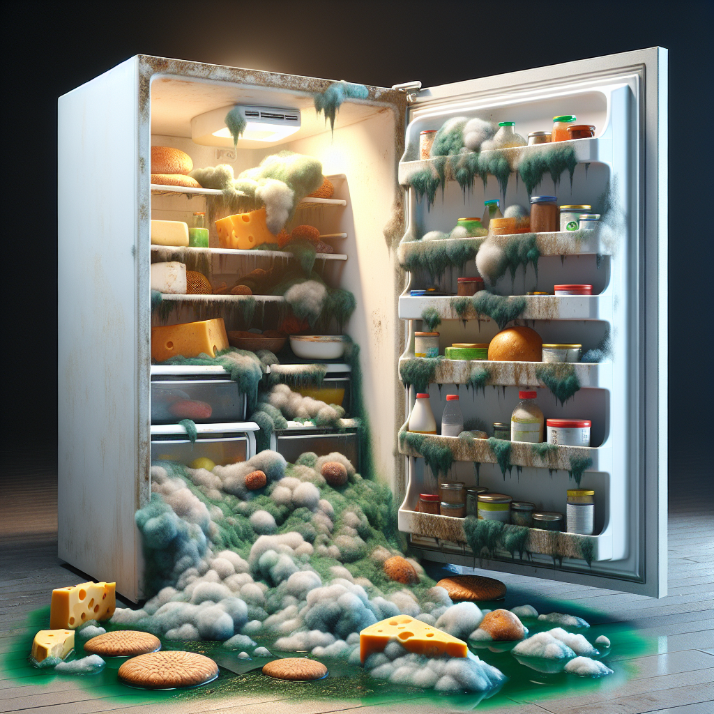 An open, dirty refrigerator with a visible, unpleasant green-brown odor cloud wafting out. Inside are visibly spoiled foods like moldy cheese, wilting vegetables, and spilled liquid, creating a strong sense of decay and bad smell. Realistic, slightly dramatic lighting.