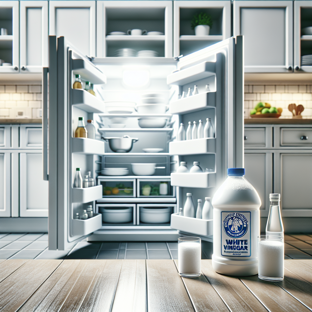 A meticulously clean and sparkling open refrigerator interior, gleaming white with spotless shelves. A bottle of white vinegar and a box of baking soda are neatly arranged on the kitchen counter nearby, symbolizing freshness and cleaning. Bright, inviting, and hygienic atmosphere.