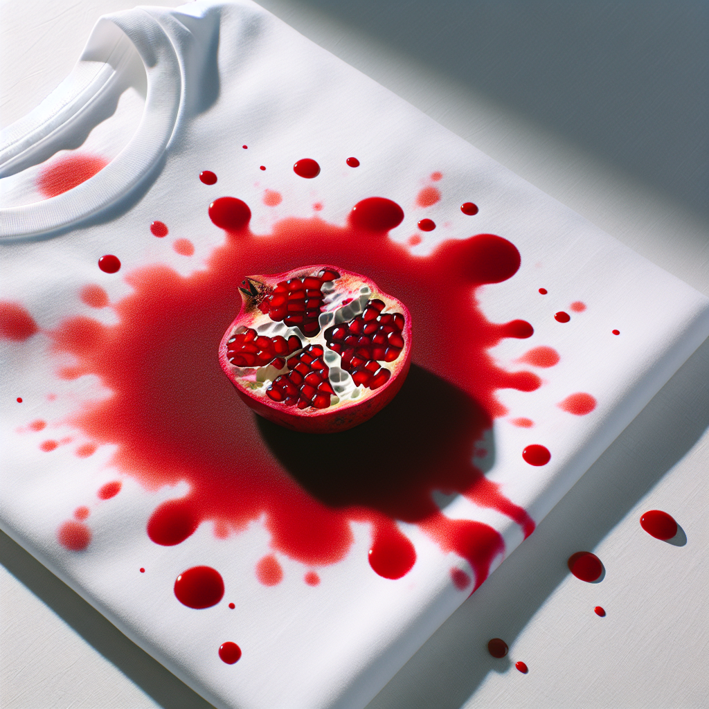 A close-up, high-angle shot of a vibrant, splattered red pomegranate stain prominently displayed on a crisp white fabric, like a t-shirt or tablecloth. The stain looks fresh and slightly wet, conveying the stubbornness and challenge of removal. Soft, natural lighting.