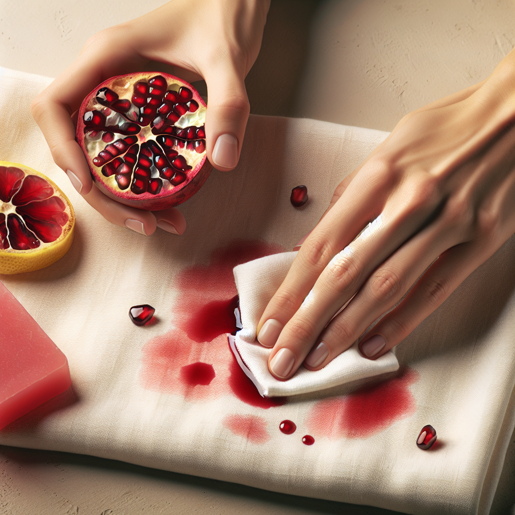 A pair of hands gently dabbing a fresh red pomegranate stain on a light-colored fabric with a clean, white cloth. In the softly blurred background, a sliced lemon or a bar of gall soap is visible, hinting at effective cleaning solutions. Clean, bright aesthetic.