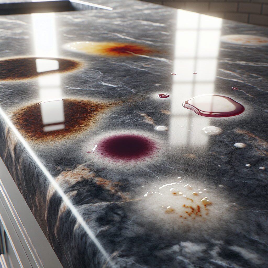 A close-up, realistic shot of a luxurious granite kitchen countertop showing various common stains: a dark, oily smudge, a reddish wine ring, and white water spots. The granite should look beautiful but clearly blemished, under soft natural light, conveying the challenge of removing stubborn stains.