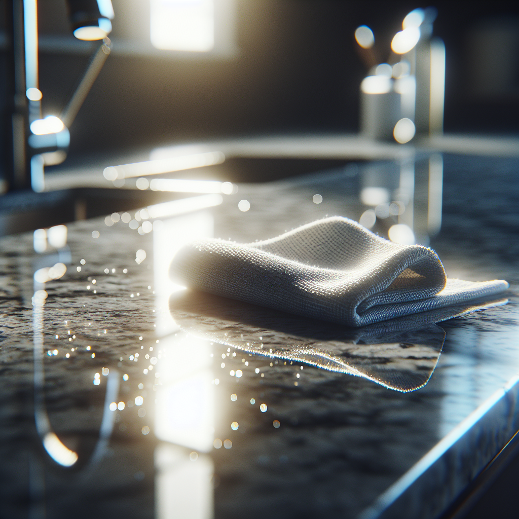 A pristine, sparkling clean granite kitchen countertop, subtly reflecting light, with a clean microfiber cloth gently resting on its surface. The image should convey a sense of accomplishment and immaculate cleanliness, showcasing the granite's natural beauty restored, under bright, clear lighting.