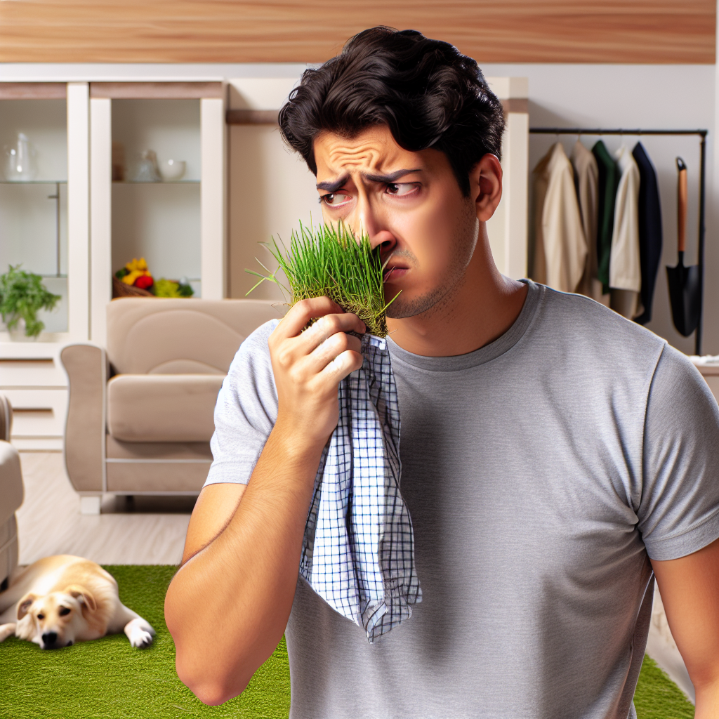 A person with a slightly frustrated expression, holding a piece of clothing to their nose, clearly smelling a persistent grass odor. The setting is a cozy but slightly disheveled living room with subtle hints of outdoor activity, like a pet on the rug or gardening tools in the background. The overall atmosphere conveys a lingering, unwanted scent, emphasizing the problem of persistent grass smell. Photorealistic, soft indoor lighting.