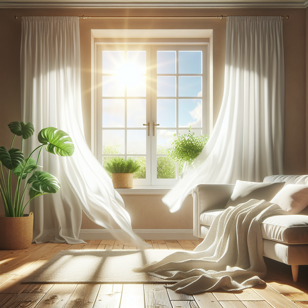 A bright, airy living room with an open window, through which a gentle breeze makes white curtains sway. Sunlight streams into the room, illuminating a vibrant green houseplant and a freshly laundered blanket draped over a sofa. The scene evokes a strong sense of cleanliness, freshness, and the pleasant smell of a renewed home, free from unwanted odors. Photorealistic, inviting and serene atmosphere.