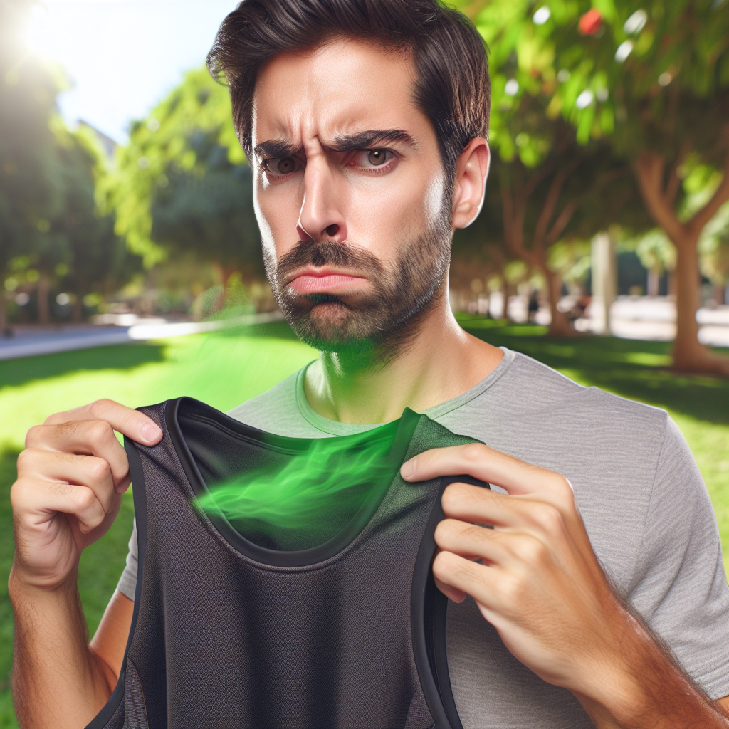 A person with a slightly annoyed or perplexed expression, holding a piece of sportswear that visibly emits a subtle green, grassy aroma as a light mist. Background hints at a park or garden, suggesting recent outdoor activity. Realistic photography, natural light.