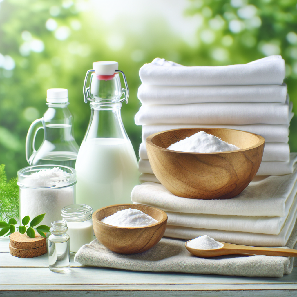 A pile of fresh, clean, and neatly folded clothes (e.g., white t-shirts, towels) with a small, elegant wooden bowl of baking soda and a clear bottle of white vinegar artfully placed beside them on a light wooden surface. A subtle, blurred background of green foliage. Bright, airy, and clean aesthetic, emphasizing freshness and home remedies. Studio photography.