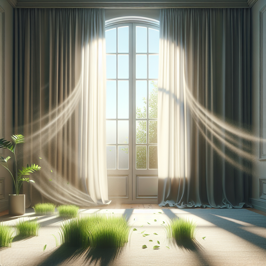 An indoor room with a subtle, fresh grass aroma. Sunlight streams through a wide-open window, with curtains gently billowing, symbolizing fresh air ventilating the space and dispelling odors. A few stray blades of grass are barely visible on a clean floor or rug, subtly hinting at the source of the smell. The overall atmosphere is light, airy, and refreshing. Photorealistic, soft natural light, clean interior.