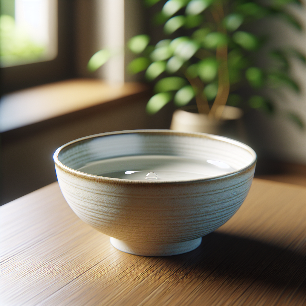 A close-up of a small, simple ceramic bowl filled with white vinegar, placed on a clean wooden surface in a cozy room. In the background, blurred, a green plant or a window suggests a natural environment. The image emphasizes home remedies for odor neutralization, conveying a sense of natural cleaning and effectiveness. Photorealistic, warm light, shallow depth of field.