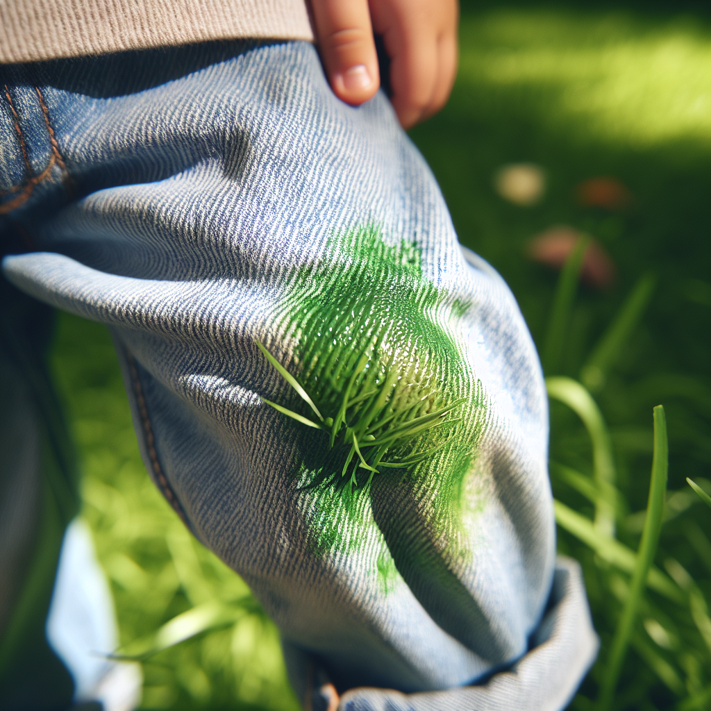 A vibrant, high-angle close-up shot of a child's light-colored denim jeans with a prominent, fresh green grass stain on the knee. The background is softly blurred with a suggestion of a sunny, green park, emphasizing outdoor play. The focus is sharp on the texture of the denim and the detailed green stain. Bright, natural lighting.