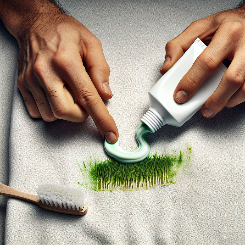 A detailed close-up shot of adult hands gently applying a small dab of white (non-gel) toothpaste directly onto a fresh green grass stain on a piece of white cotton fabric. A soft-bristle brush is resting nearby on the fabric. The scene is well-lit and clean, highlighting the textures of the fabric, toothpaste, and stain. Studio photography style.