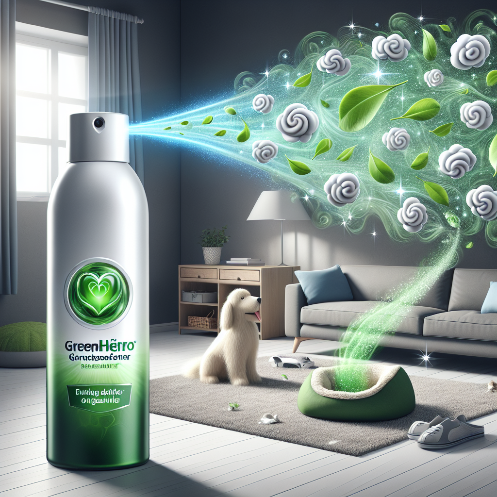 A clean, modern, and slightly illustrative image depicting the transformation from unpleasant odors to freshness. In the foreground, a sleek, modern bottle of 'Greenhero Geruchsentferner' emitting subtle, fresh, green energy waves. These waves are clearing away stylized, grey, swirling odor clouds from various household items in the background, such as a pet bed, a car seat, and a sofa. The areas touched by the green energy appear bright, airy, and feature subtle elements of nature like small fresh leaves or sparkling clean air. High contrast, clean lines, and a sense of relief and cleanliness.