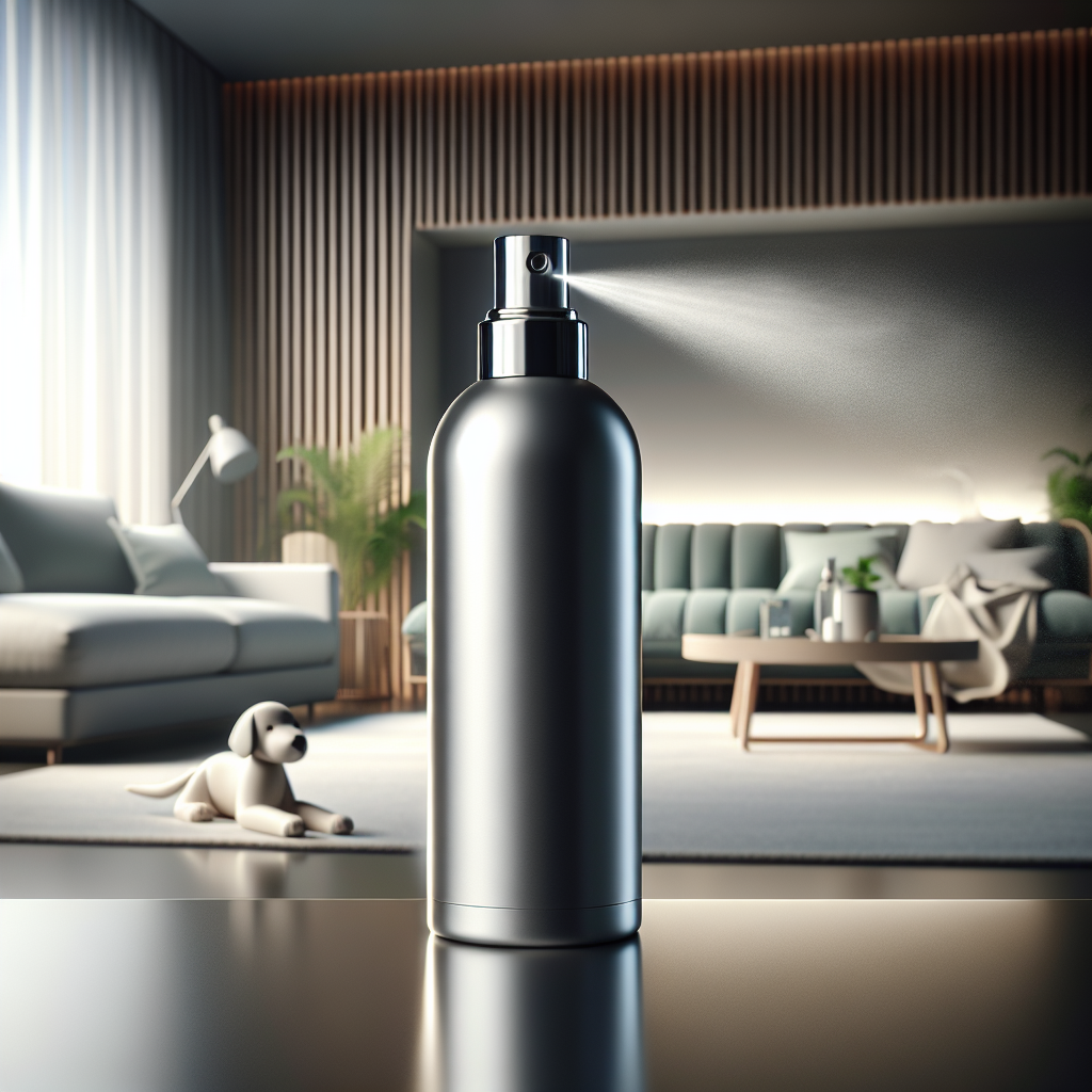 A sleek, modern Greenhero Geruchsentferner Spray bottle prominently displayed on a clean surface in a brightly lit, contemporary living room. In the soft-focus background, a cozy sofa and a playful dog toy are visible, subtly suggesting common areas for odors. A fine, refreshing mist gently emanates from the spray nozzle, symbolizing effective odor neutralization and a fresh atmosphere. The overall image should convey cleanliness, comfort, and the ease of use of the product. Photorealistic, high detail, inviting color palette.
