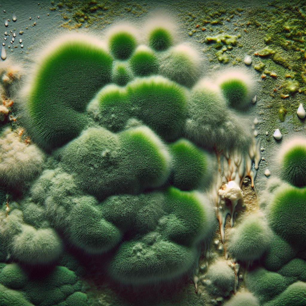 A detailed close-up shot of fuzzy, textured green mold patches aggressively growing on a damp, neglected wall in a poorly ventilated household area, such as a bathroom or basement. Beads of condensation or moisture are visible on the surface, emphasizing the damp conditions. The image should clearly show the distinctive green color and texture of the mold.
