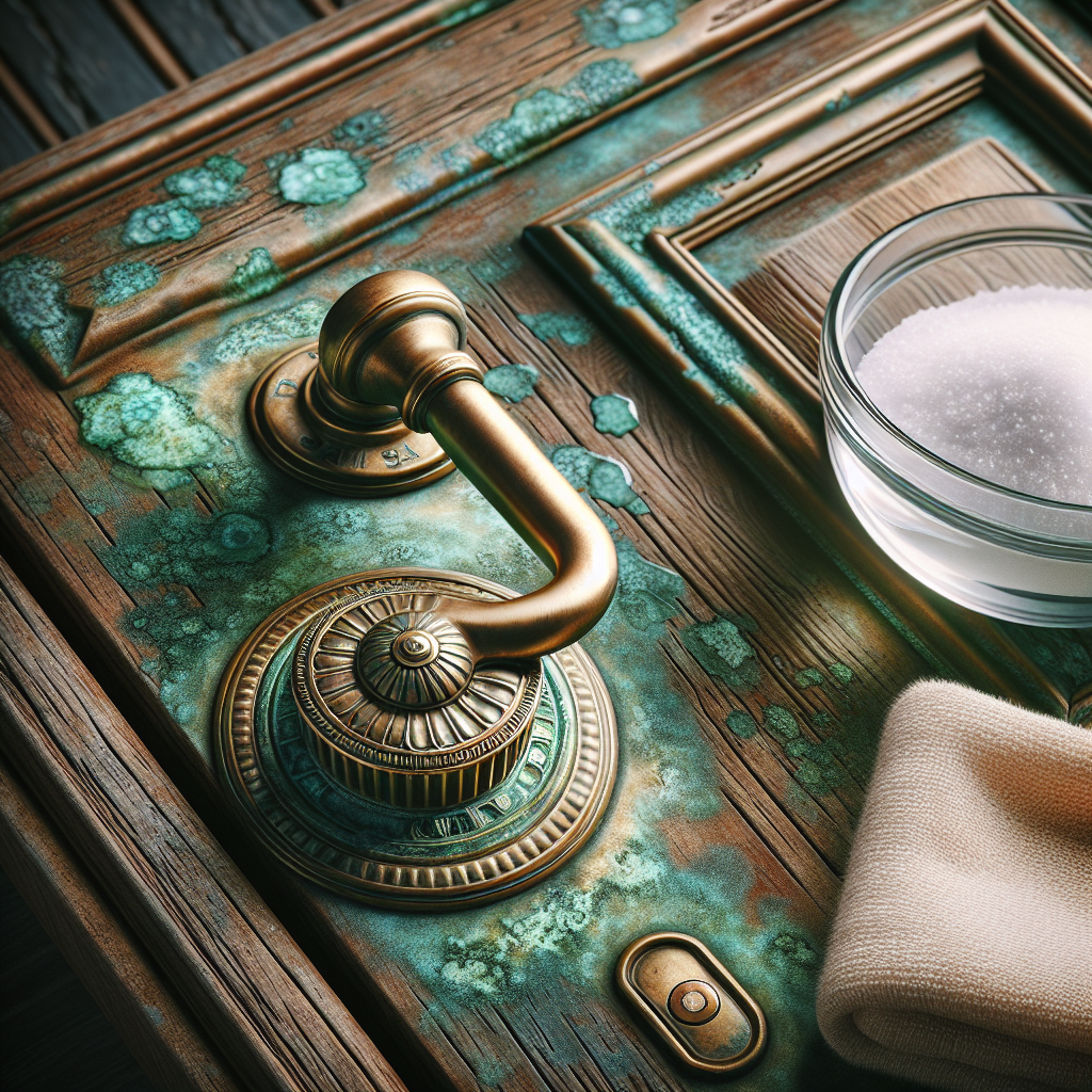 A close-up shot of an antique brass door handle, heavily encrusted with a distinct layer of green verdigris (Grünspan). Beside it, a small glass bowl containing white vinegar and a pinch of salt is visible, along with a soft cleaning cloth. The lighting is natural, highlighting the texture of the aged brass and the vibrant green patina. Realistic, detailed, for a blog article.