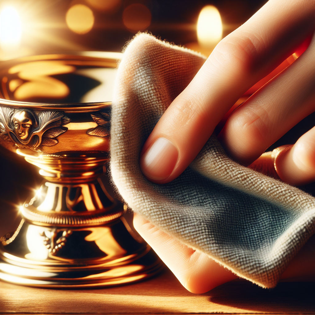 A beautifully restored and polished brass decorative object, such as a vintage candle holder, gleaming brightly in soft, warm light. A gentle hand is performing the final buff with a microfiber cloth, reflecting in the newly shiny surface. The background is subtly blurred to emphasize the sparkling brass. Elegant, clean, detailed, for a blog article.