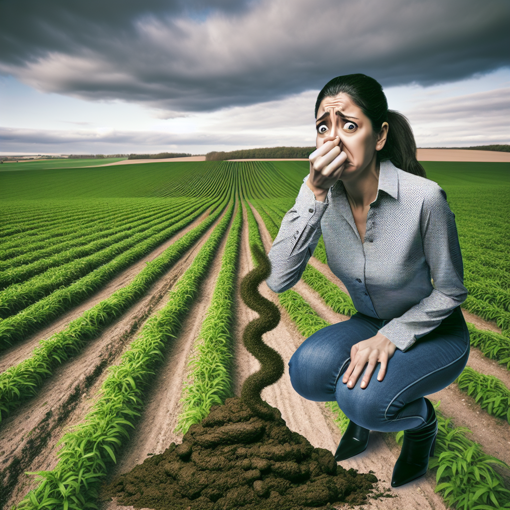 A person with a distressed expression, holding their nose, standing in a vast, green agricultural field under an overcast sky. Subtle, visible wavy lines representing an unpleasant odor emanating from the ground. The overall mood is slightly uncomfortable and visually depicts a strong, pervasive smell, suitable for a blog article about manure odor.