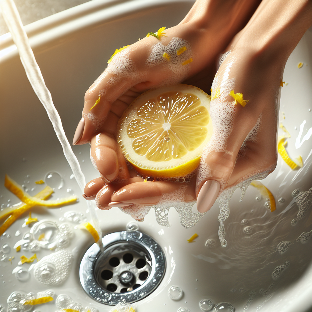 A close-up of hands being vigorously scrubbed with a halved lemon over a clean ceramic sink, with water gently splashing. Bright, clean light, conveying a sense of freshness and effective cleansing, with subtle hints of natural ingredients like lemon zest visible. This image should evoke relief and cleanliness.