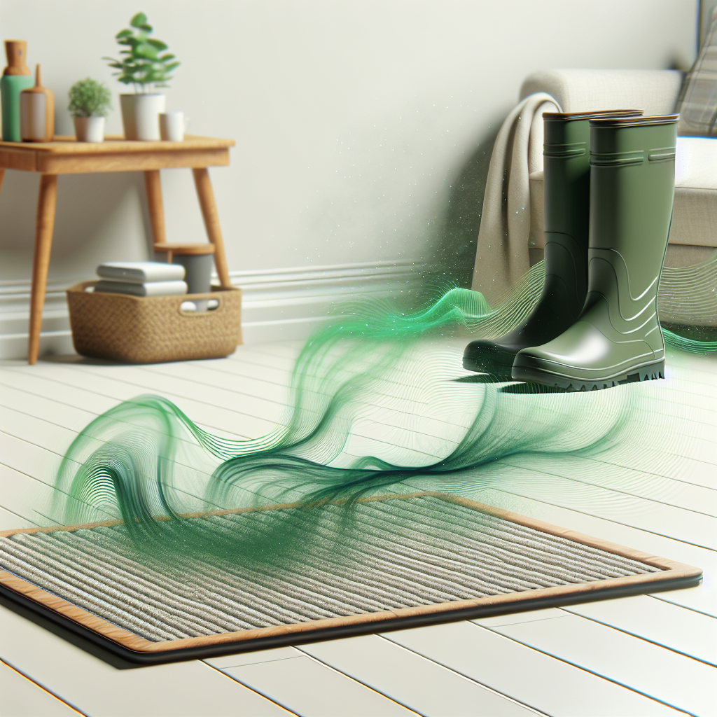 A generic rubber product, like a new rubber mat or pair of rain boots, with subtle visual cues (e.g., faint, wavy, slightly green-tinted air) emanating from it, suggesting an unpleasant odor. The background is clean and bright, conveying a common household issue. Photorealistic.