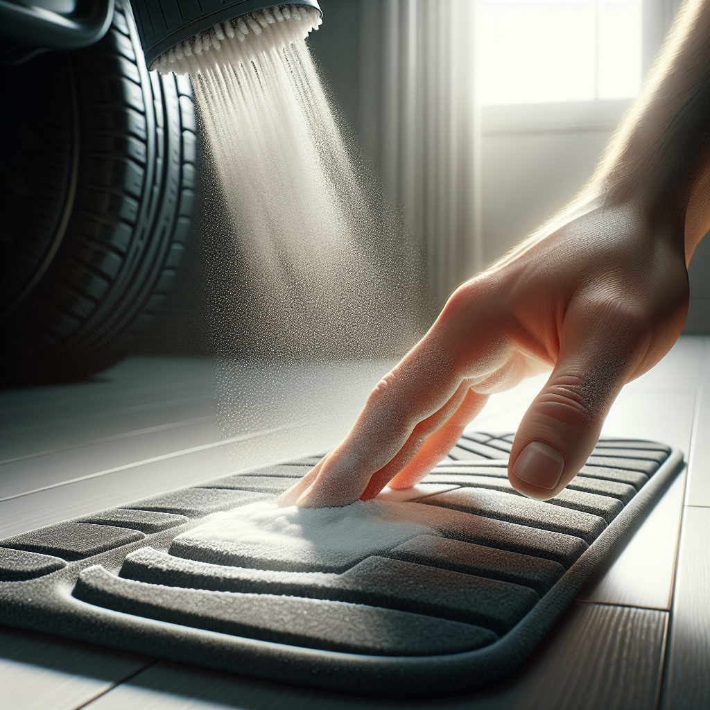 A close-up of a hand gently sprinkling white baking soda powder onto a dark rubber item, such as a car mat or a shoe sole. The setting is a clean, practical home environment, with a focus on the action and the powdered surface. Realistic, soft, natural lighting.