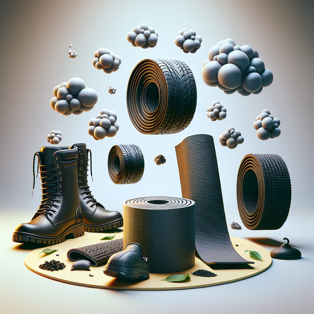 Ein Stillleben, das verschiedene neue Gummiprodukte zeigt, die einen starken Gummigeruch verströmen: ein Paar glänzende, neue Gummistiefel, eine dunkle Gummifußmatte im Auto, eine aufgerollte Yoga-Matte und ein Teil eines Autoreifens. Über den Objekten schweben subtile, stilisiert-unangenehme Duftwolken. Der Hintergrund ist hell und modern, um den Fokus auf die Objekte zu lenken. Realistisch, Produktfotografie-Stil.