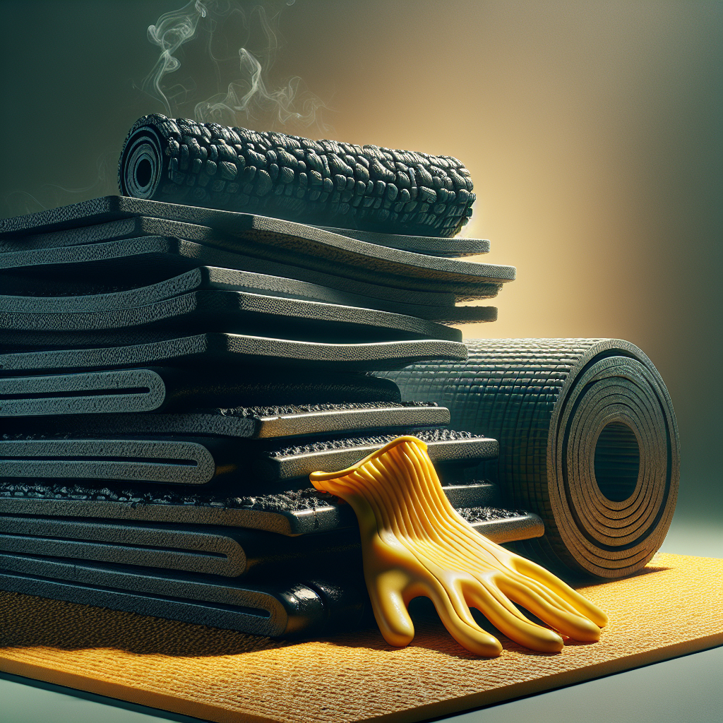 A stack of new, black rubber car mats, a coiled yoga mat, and a pair of yellow rubber gloves are arranged in a slightly cluttered, indoor setting. Subtle, wispy, dark green or brown fumes are visibly rising from the rubber items, suggesting an unpleasant, strong odor. The overall atmosphere is slightly dim and emphasizes the pervasive smell. Realistic photo.