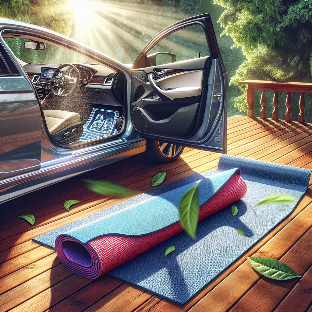 A vibrant, clean yoga mat unrolled on a wooden deck outdoors, bathed in bright morning sunlight. Next to it, a car door is open, revealing fresh-looking, new car floor mats. A gentle, clear breeze is implied, maybe with a few leaves rustling nearby, conveying a sense of freshness, cleanliness, and the absence of odor. The scene feels airy and pleasant. Realistic photo, bright and refreshing.
