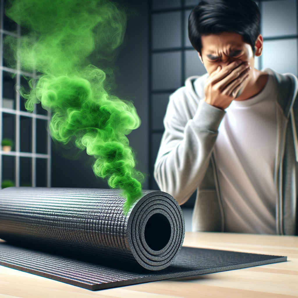 A brand new, dark grey rubber mat unrolled on a clean, modern floor, emitting a strong, unpleasant visible green odor cloud. A person is covering their nose with a look of mild disgust in the background, slightly out of focus. High-detail, realistic photography, bright indoor lighting.