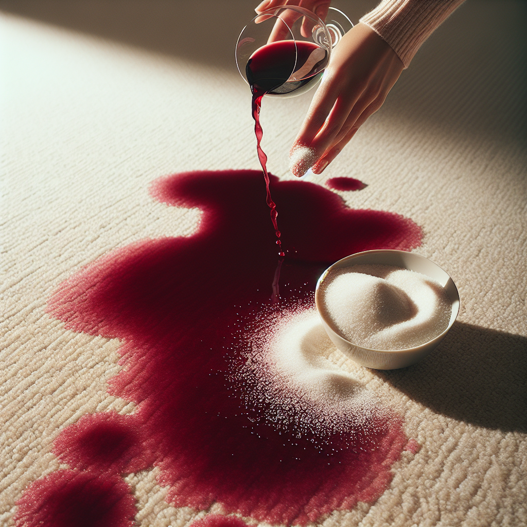 A close-up, high-angle shot of a vivid red wine stain spreading on a light beige carpet. A hand gently hovers over the stain, holding a small bowl of coarse salt, ready to be applied. The lighting is soft and natural, emphasizing the contrast and the immediate challenge, with a clean, modern aesthetic.