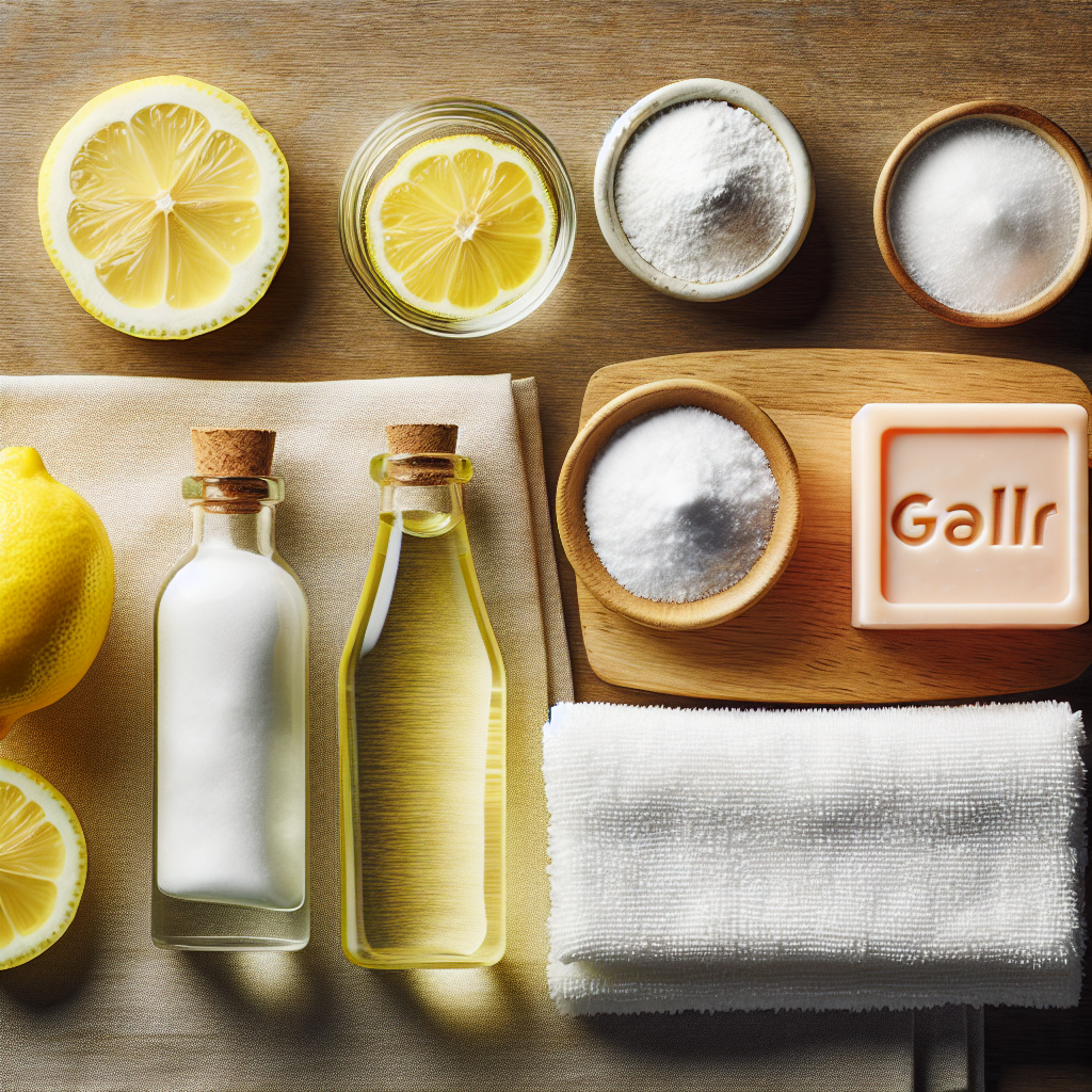 A beautifully arranged flat lay composition featuring various common home remedies for stain removal: a half-cut lemon, a bottle of white vinegar, a small jar of baking soda, and a bar of gall soap, artfully placed on a clean wooden surface. In the center, a small, spotless white microfiber cloth signifies successful cleaning, all under bright, optimistic natural light.