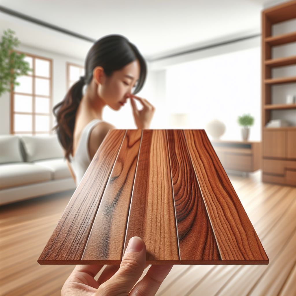 A beautiful, freshly treated wooden floor or a section of wooden furniture with a rich, new finish, in a clean, modern room. Subtle visual cues like slightly wavy air or a person discreetly holding their nose in the background, implying a strong, lingering, yet invisible, unpleasant odor of wood oil in the air. Focus on the contrast between the beautiful wood and the implied discomfort, natural light.