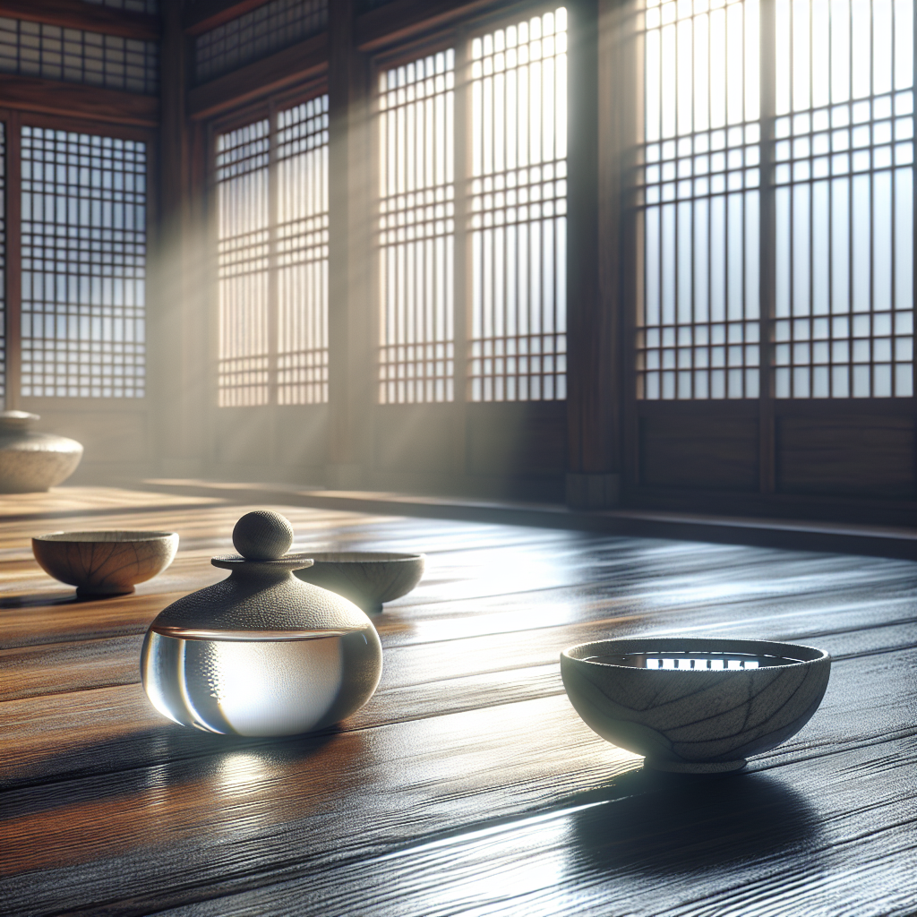Several small, elegant ceramic bowls filled with clear liquid, possibly with a subtle hint of vinegar, placed strategically on a polished wooden floor in a well-ventilated, bright room. Soft morning light streams through an open window in the background, indicating an attempt to neutralize unpleasant odors. The overall scene should convey a sense of calm, cleanliness, and freshness.